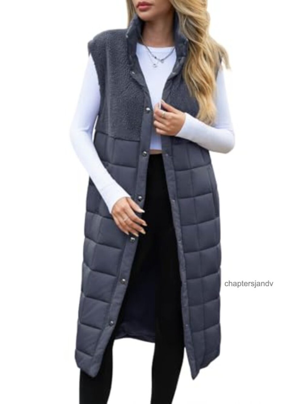 Women's Long Puffer Vest Fleece Jacket Button Down Sleeveless Coat